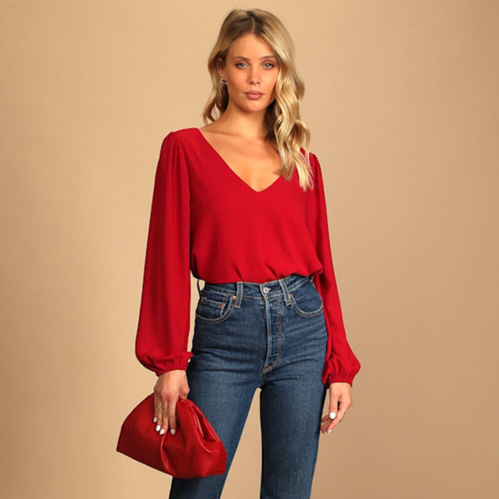 Lulus Stylish And Sincere Berry Red Long Sleeve V-neck Top - Size L - Picture 1 of 1